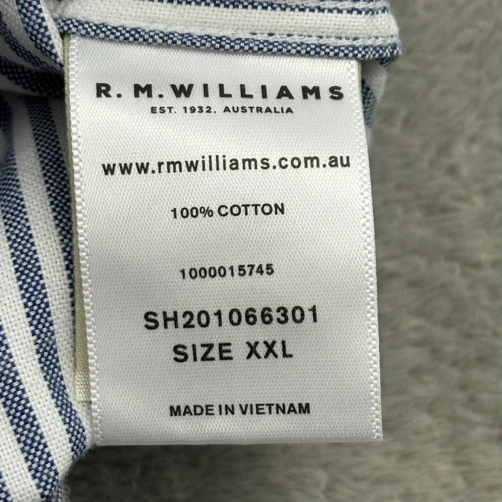 RM Williams Button Up Shirt Mens XXL‎ Blue Stripe Cotton Long Sleeve Casual Logo